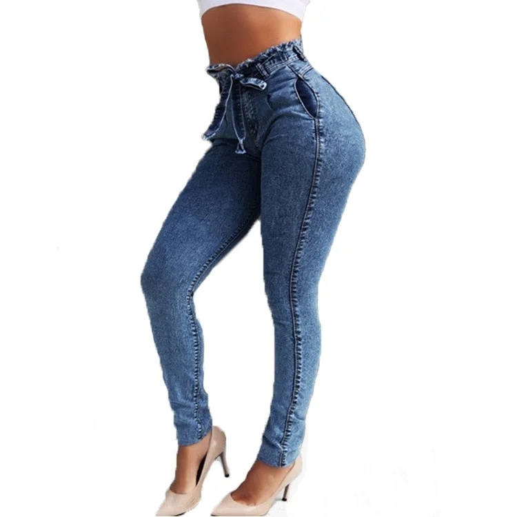 HIGH WAIST JEANS FOR WOMEN SLIM STRETCH DENIM JEAN BODYCON TASSEL BELT BANDAGE SKINNY PUSH UP JEANS WOMAN