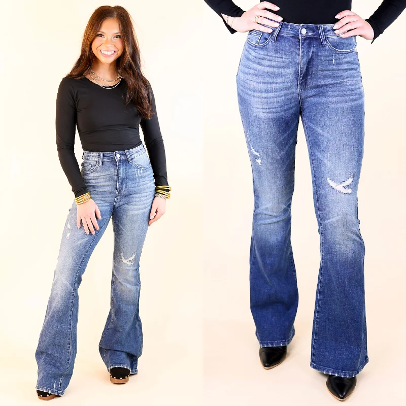 Judy Blue | Modern Groove High Waisted Destroy Flare Jean in Contrasting Dark Wash