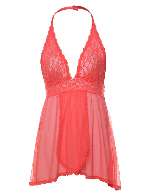 Red 1990s Lace Halterneck Sheer Babydoll - M