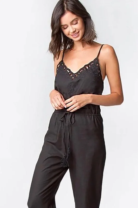 Boho Crochet Embroidered Scalloped Hem Wide Leg Jumpsuit