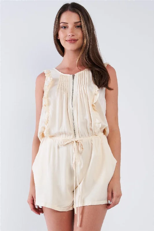 Ivory Pleated Ruffle Hem Front Zipper Romper