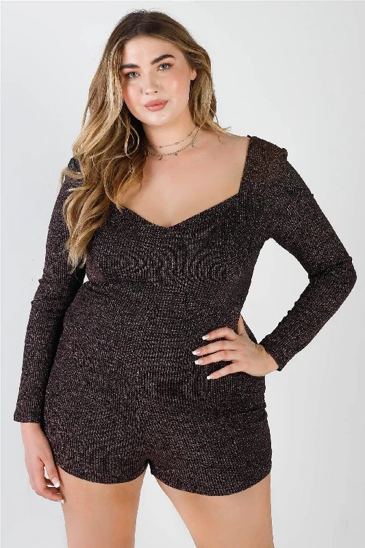 Plus Size Lurex Ribbed Long Sleeve Romper /2-2-2