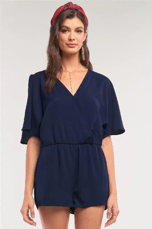 Navy V-Neck Wrap Self-Tie Back Flare Romper