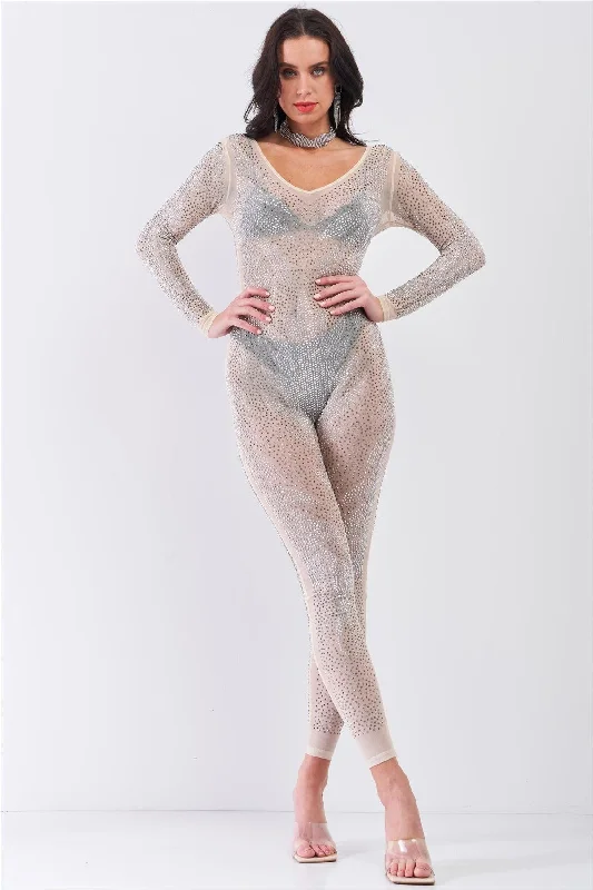 Nude Rhinestone Sheer Long Sleeve Bodycon Jumpsuit