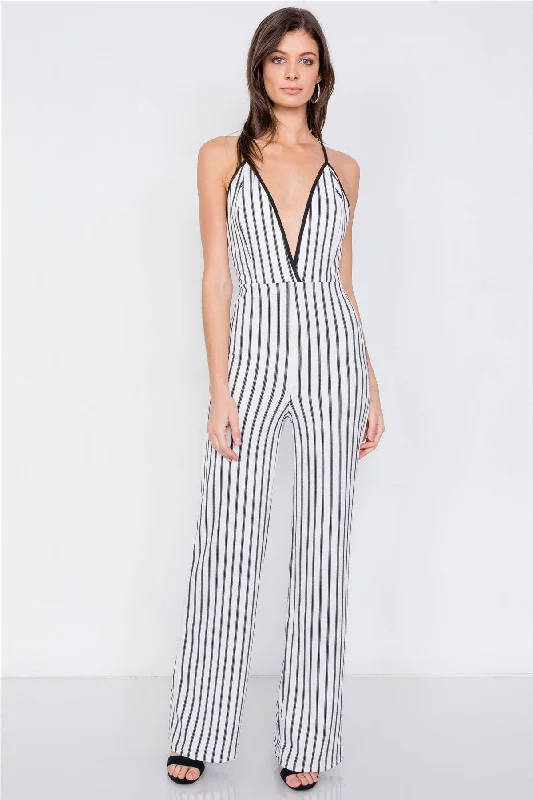 Trim Stripe V-Neck Criss-Cross Strap Back Jumpsuit