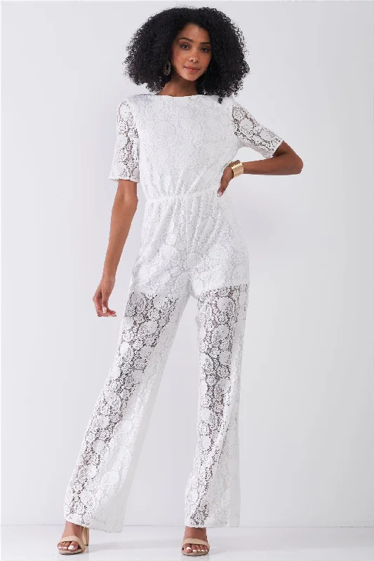 Delicate White Sheer Lace Crochet Semi-Sheer Self-Tie Neck Open Back Detail Wide Leg Jumpsuit