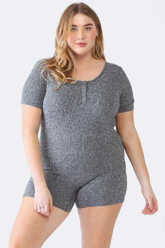 Plus Size Ribbed Button-Up Short Sleeve Romper