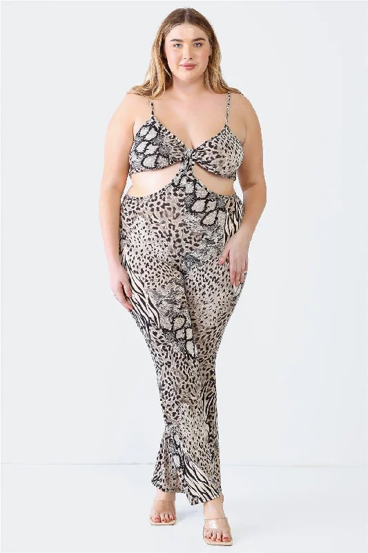 Junior Plus Size Animal Print Sleeveless Elasticized Jumpsuit