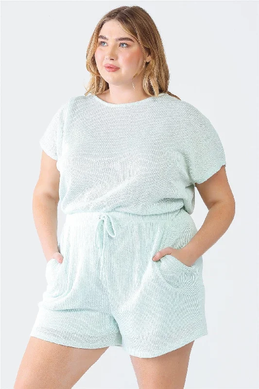 Junior Plus Mint Knit Dolman Sleeve Two Pocket Wrap Back Romper