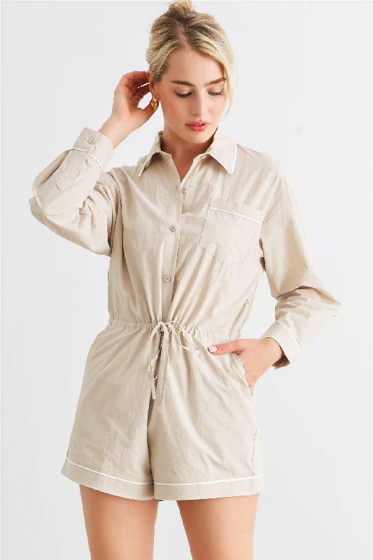 Taupe Cotton Long Sleeve Three Pocket Collared Neck Button-Up Romper