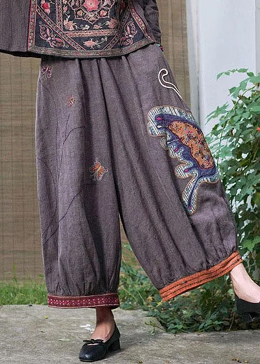 Boho Purple retro Embroidered Oriental lantern Casual Fall Pants Trousers