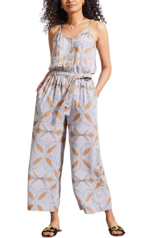 Button Front Jumpsuit In Carmel Color/print