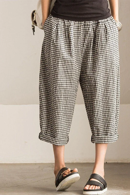 Art Causel Black White Grid Wide-legged Pants Linen Causel Women Clothes