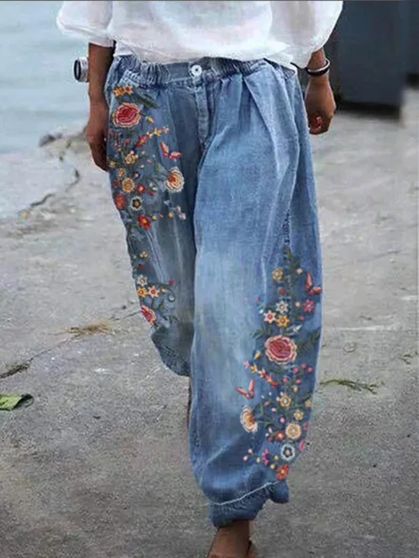 Floral Pattern Wide Leg Elastic Pants