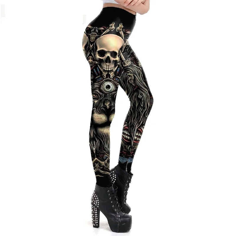 Gothic Punk Retro Vintage Style Skull Lion Designed Women's Legging