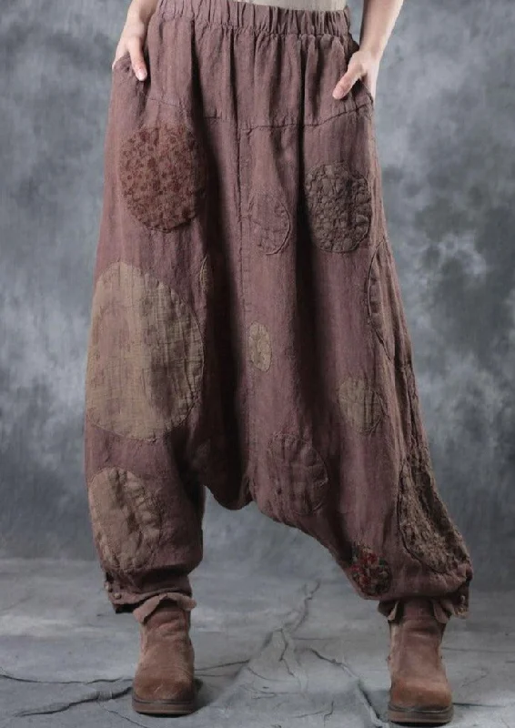 Light Khaki Casual Linen Pants Oversize Patchwork Wide Leg Pants