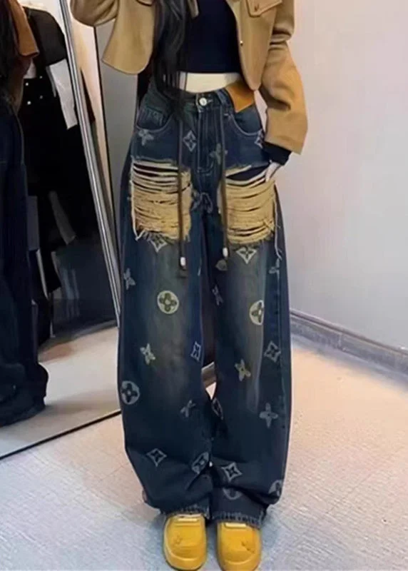 New Ripped Printed Denim Straight Leg Pants Spring