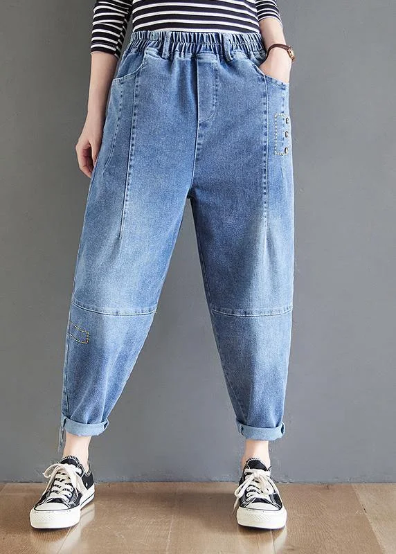 Simple Blue High Waist Oversize Spring Casual Pattern Wild Pants