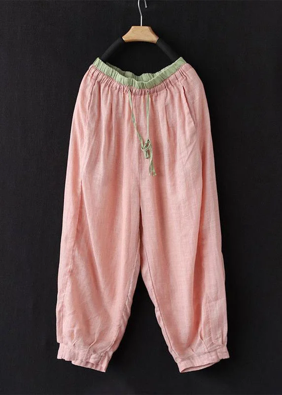 Simple Pink Pockets Lace Up Elastic Waist Linen Crop Pants Summer