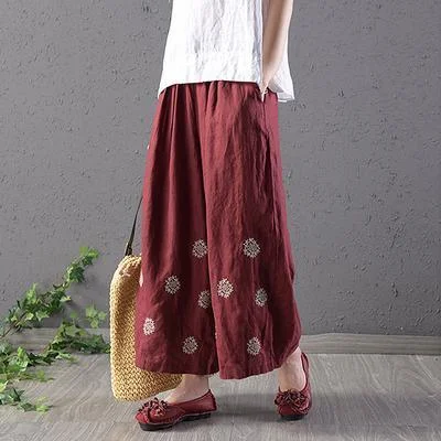 Women Cotton Red Vintage Linen Embroidery Ankle-Length Pants