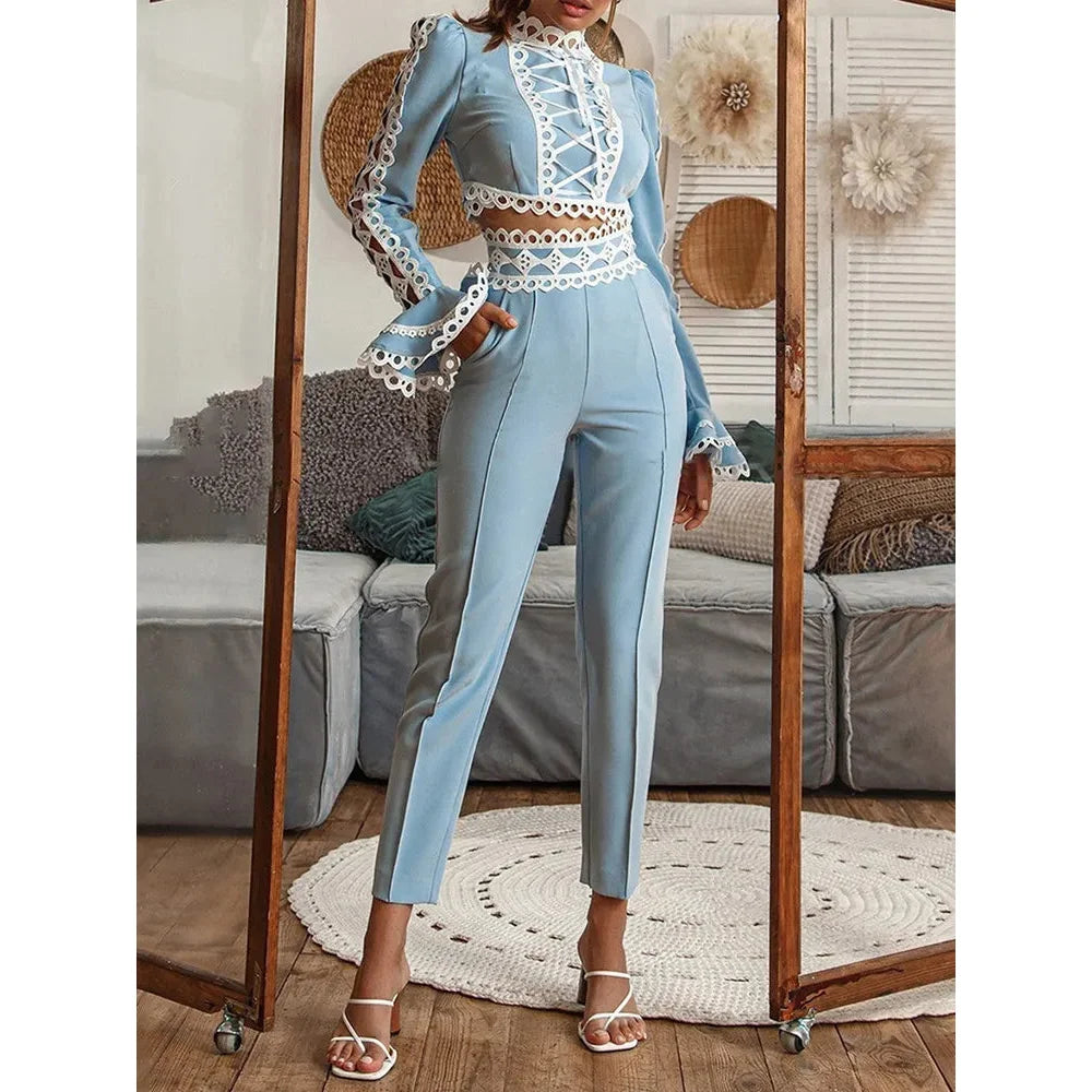 Women's Hollow Out Lace Flare Sleeve Trimmed Blouse Pencil Pants Set